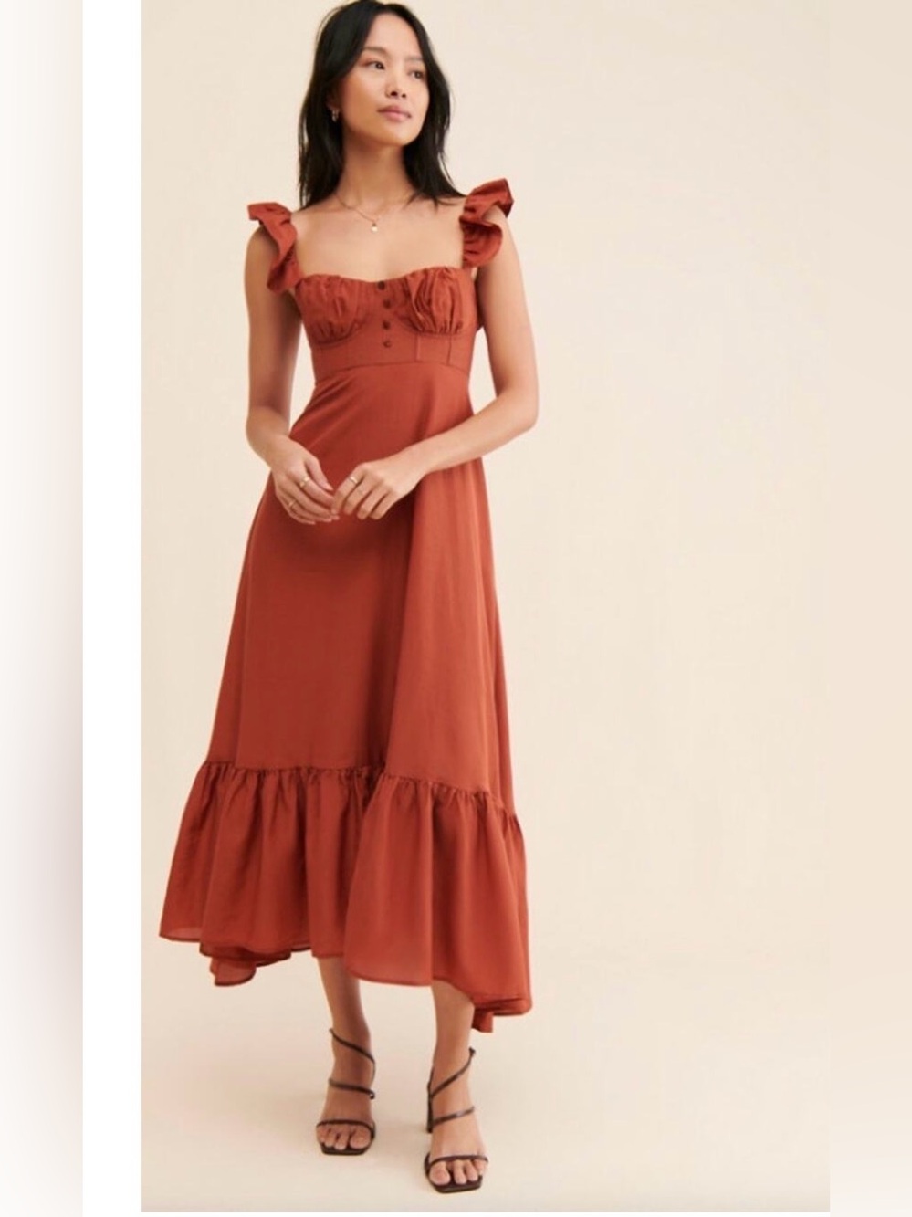 Farm Rio Cinnamon Ruffle Strap Maxi Dress Balconette Brown Size Large